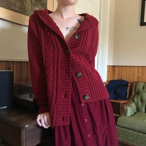 red sweater with hood